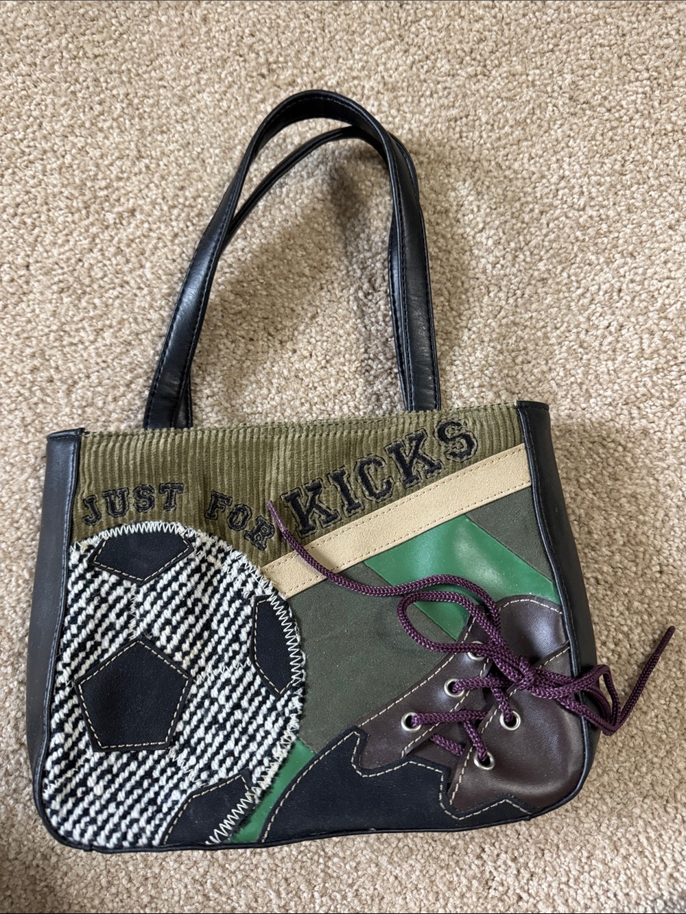 Women's Soccer Themed Patchwork handbag in Green, Black and Brown